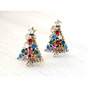 Vintage WEISS Rhinestone Clip-On Earrings Christmas Trees Multicolored